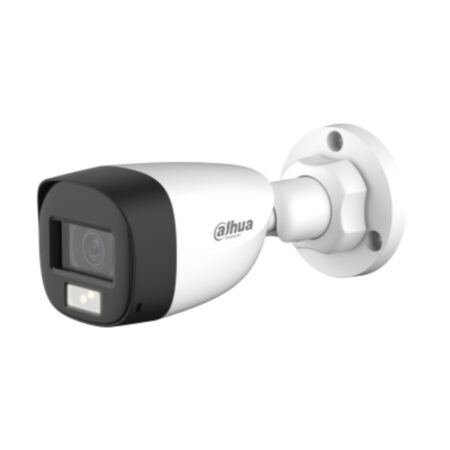 Cámara Analoga tipo Bala de 5 MP/lENTE FIJO DE 2.8MM hasta 25 fps/HDCVI, CVBS, AHD, TVI (conmutación DIP)/Iluminación Smart Dual Light (IR + luz cálida), hasta 30 m/ Micrófono integrado, transmisión por cable coaxial/ resistencia IP67/ 3D-DNR para reducción de ruido/Semiplastica
