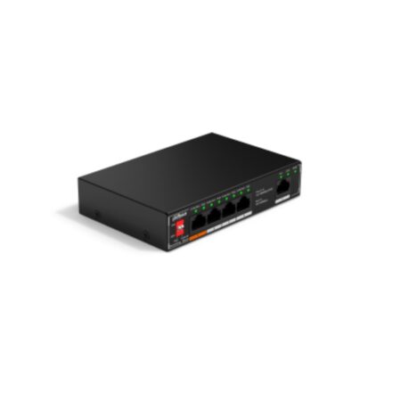 Switch Dahua PoE 5 puertos 10/100, NO ADMINISTRABLE / 4 puertos PoE, Admite los estándares 802.3af y 802.3at, Admite transmisión PoE de larga distancia de 250 m, Función de PoE watchdog, PoE inteligente, Hi-PoE 60W (puerto naranja)