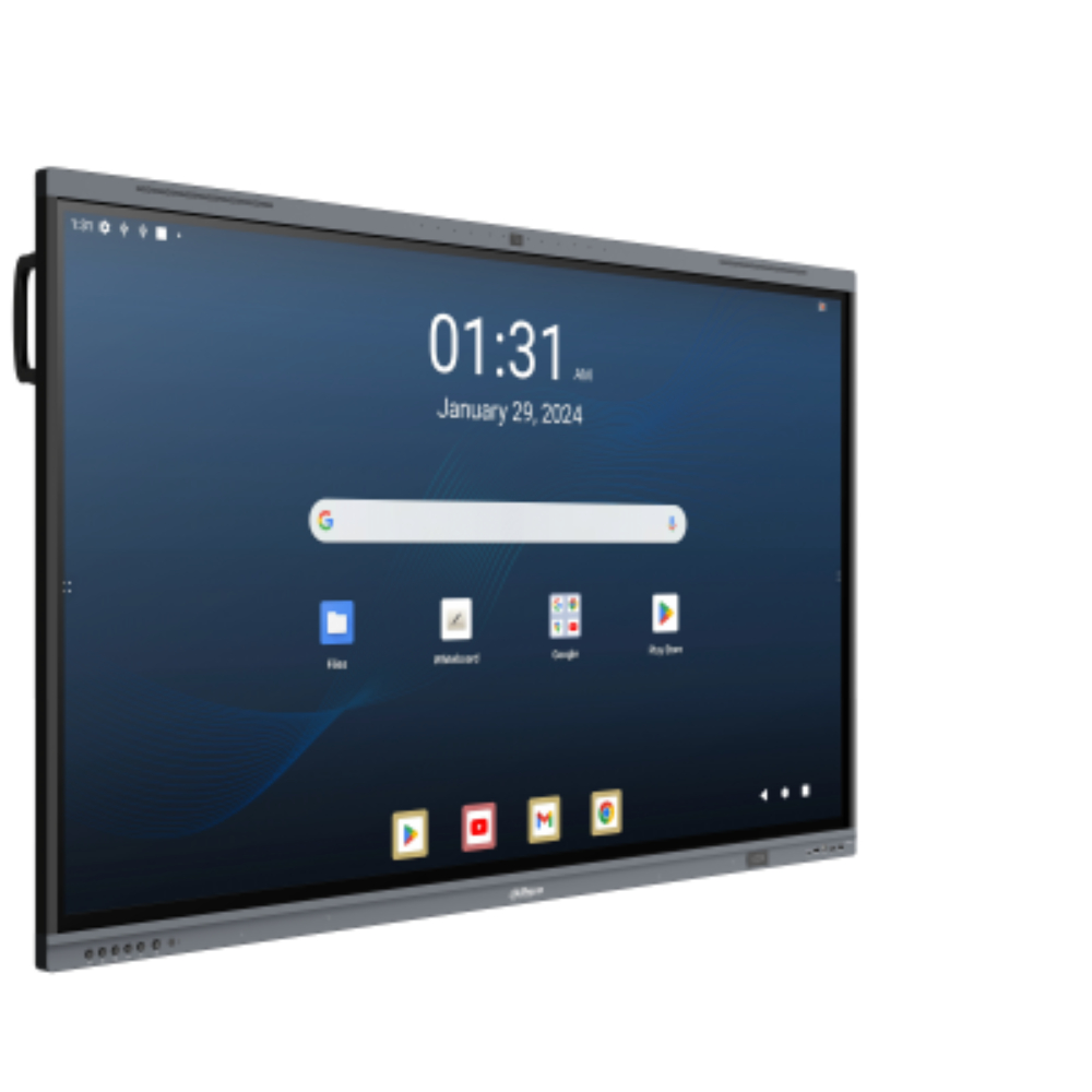 Pantalla interactiva Dahua inteligente UHD Lite de 65'', Android 13, certificación EDLA, Google Store, procesador de cuatro núcleos A76 y A55 8GB + 128 GB, 2 x 8 W + 2 x 18 W, NFC; seguimiento de voz + encuadre automático, Cámara de 48 MP + 8 micrófonos (Alcance: 12 m) Carga tipo C de 65 W + 15 W + BYOM