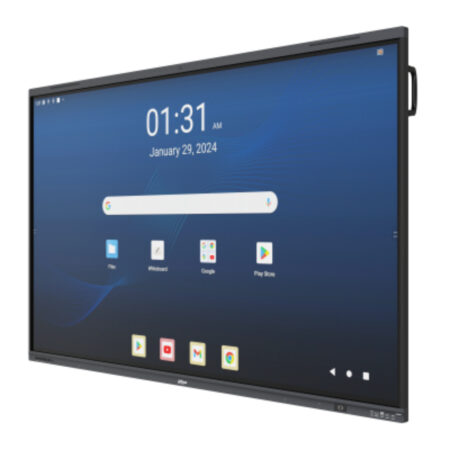 Pantalla interactiva Dahua inteligente UHD Lite de 86'', Android 13, certificación EDLA, Google Store, procesador de cuatro núcleos A76 y A55, 8 GB + 128 GB, 2 x 8 W + 2 x 18 W, NFC; seguimiento de voz + encuadre automático. Cámara de 48 MP + 8 micrófonos (Alcance: 12 m). Carga tipo C de 65 W + 15 W + BYOM.