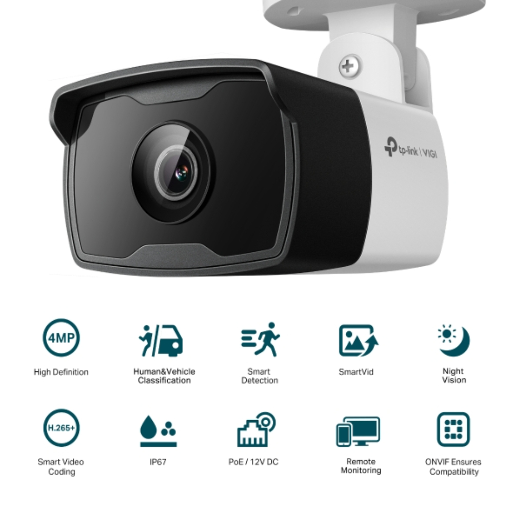 Cámara IP VIGI tipo Bala 4MP. Lente Fijo 4 mm. INCLUYE Detección Inteligente (Clasifica Humanos y Vehículos), Detección de Movimiento, Detección de Intrusión de Área, Detección de Cruce de Línea, Detección de Manipulación de Cámara, Detección de Objeto abandonado, Detección de Remoción de Objetos. - Imagen 2